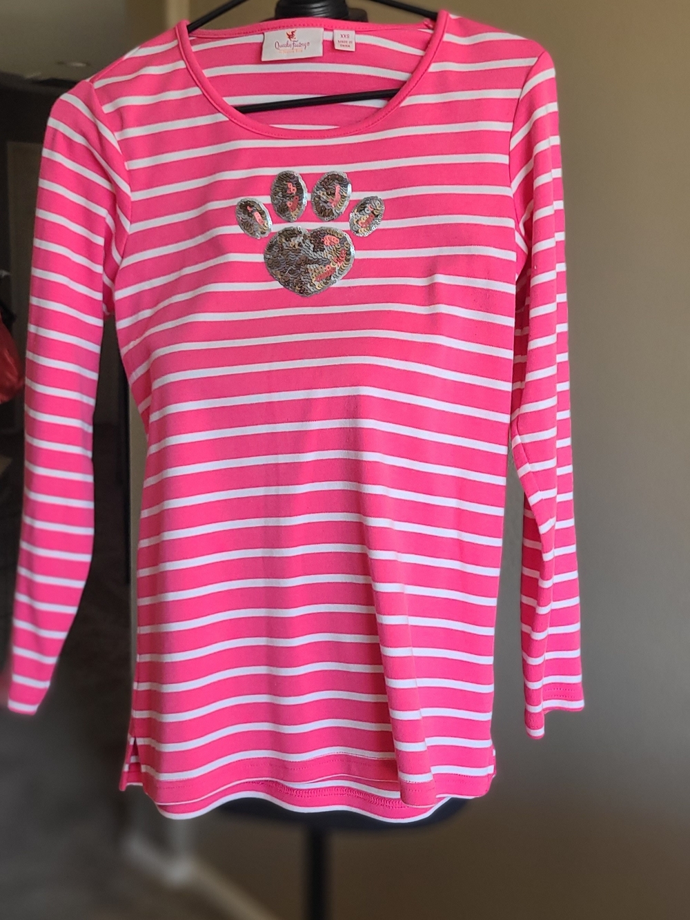 Quacker Factory Hot Pink & White Striped Knit Top with Silver Sequin Paw Print